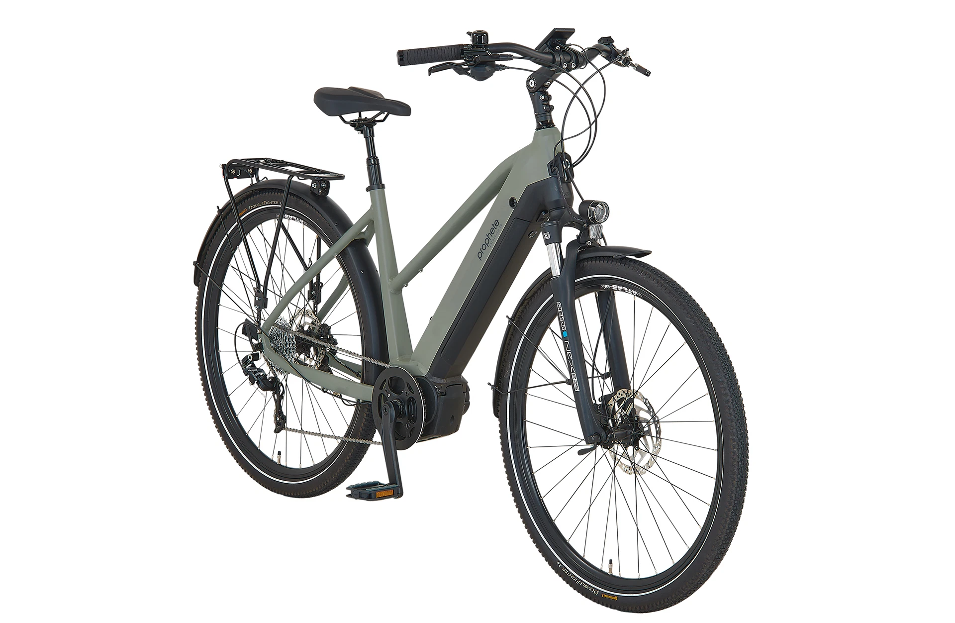 Vollansicht diagonal Prophete Entdecker 4.0 Trekking E-Bike mit vollintegriertem Akku im Trapezrahmen vor weißem Hintergrund