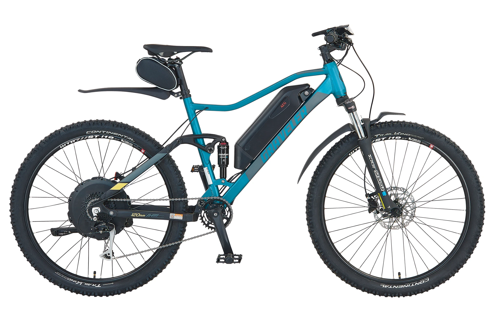 Vollansicht seitlich Prophete Graveler E-MTB Fully mit Akku am Unterrohr vor weißem Hintergrund