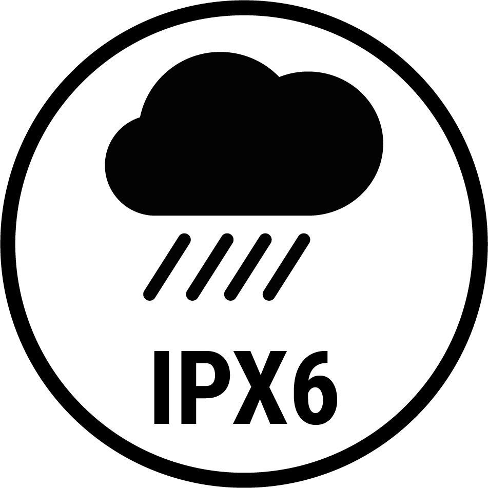 Icon IPX6 in schwarzem Kreis auf weißem Grund