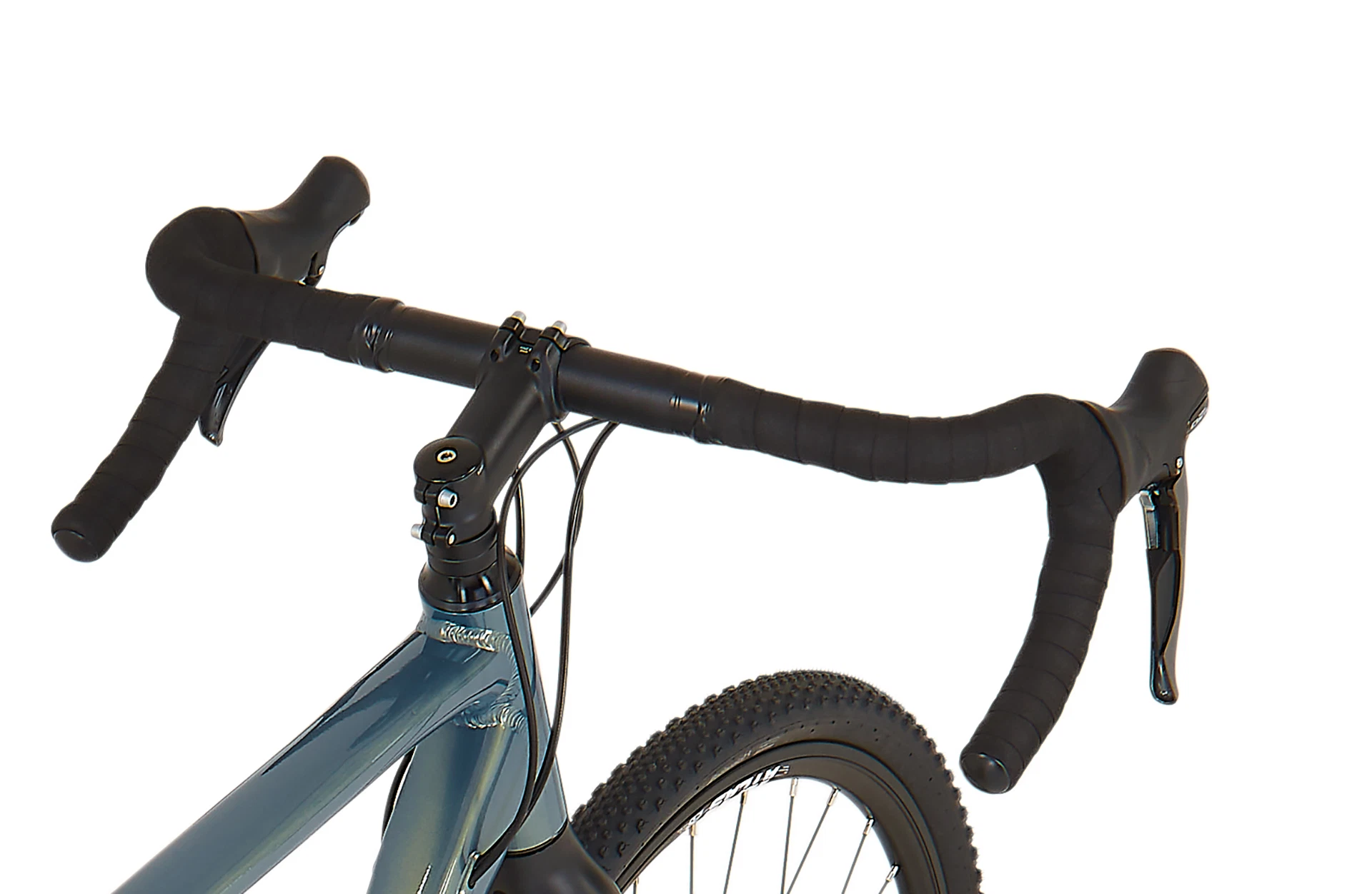 Bildausschnitt Detailansicht Dropbar Lenker mit Lenkerband und Bremshebeln vor weißem Hintergrund