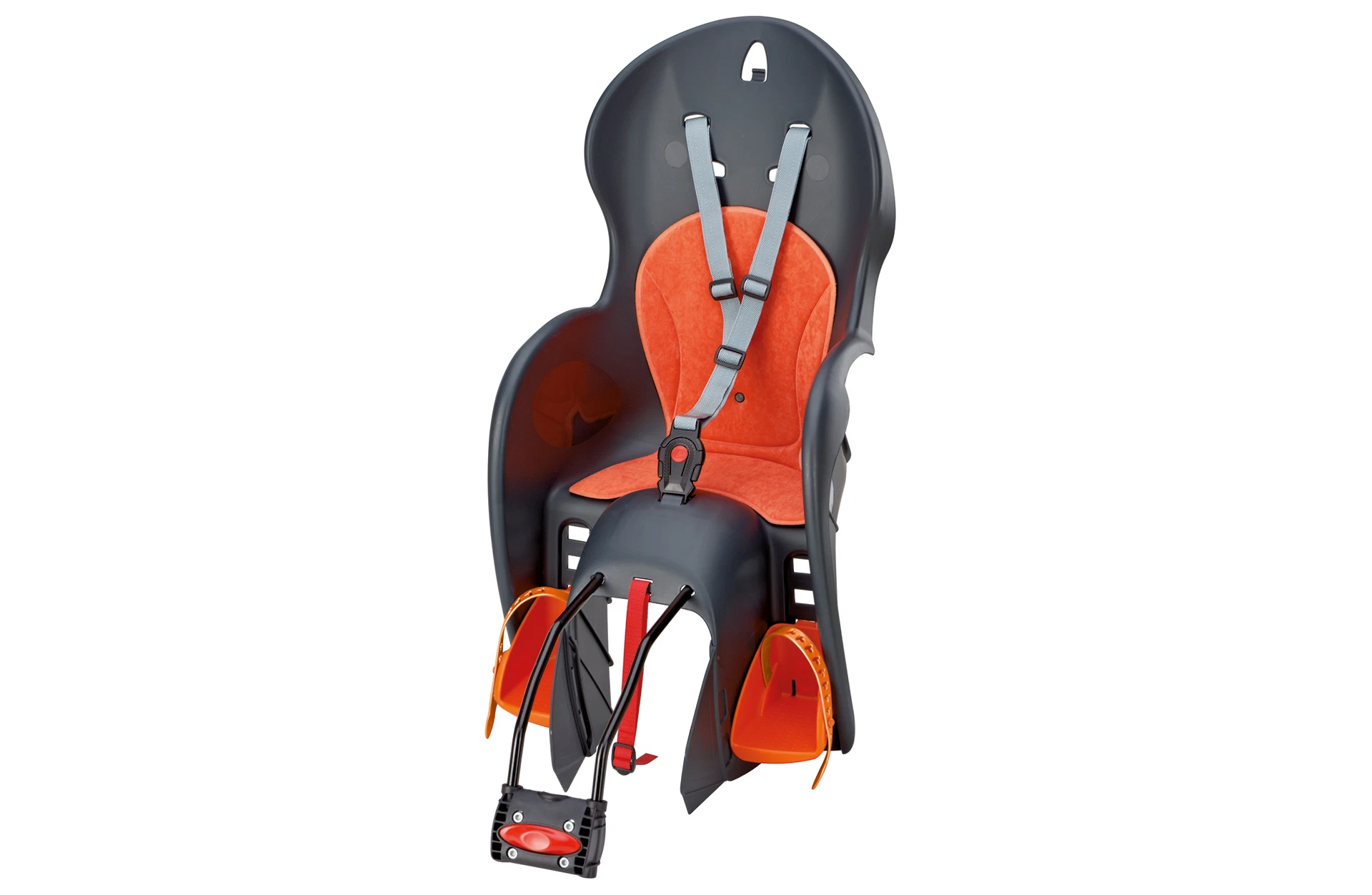 Polisport Fahrradkindersitz in Grau-Orange – Ergonomisches Design in diagonaler Ansicht