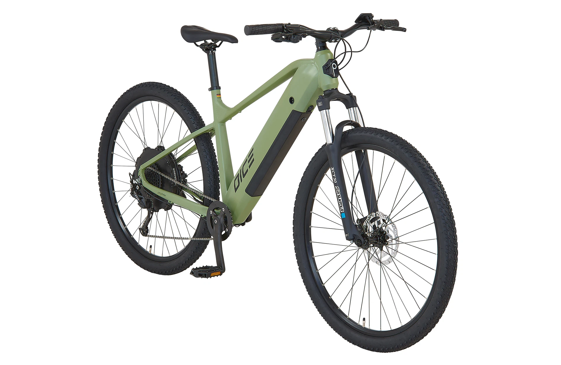 Vollansicht diagonal Prophete DICE 2.8 E-MTB Hardtail mit vollständig integriertem Akku im Unterrohr vor weißem Hintergrund