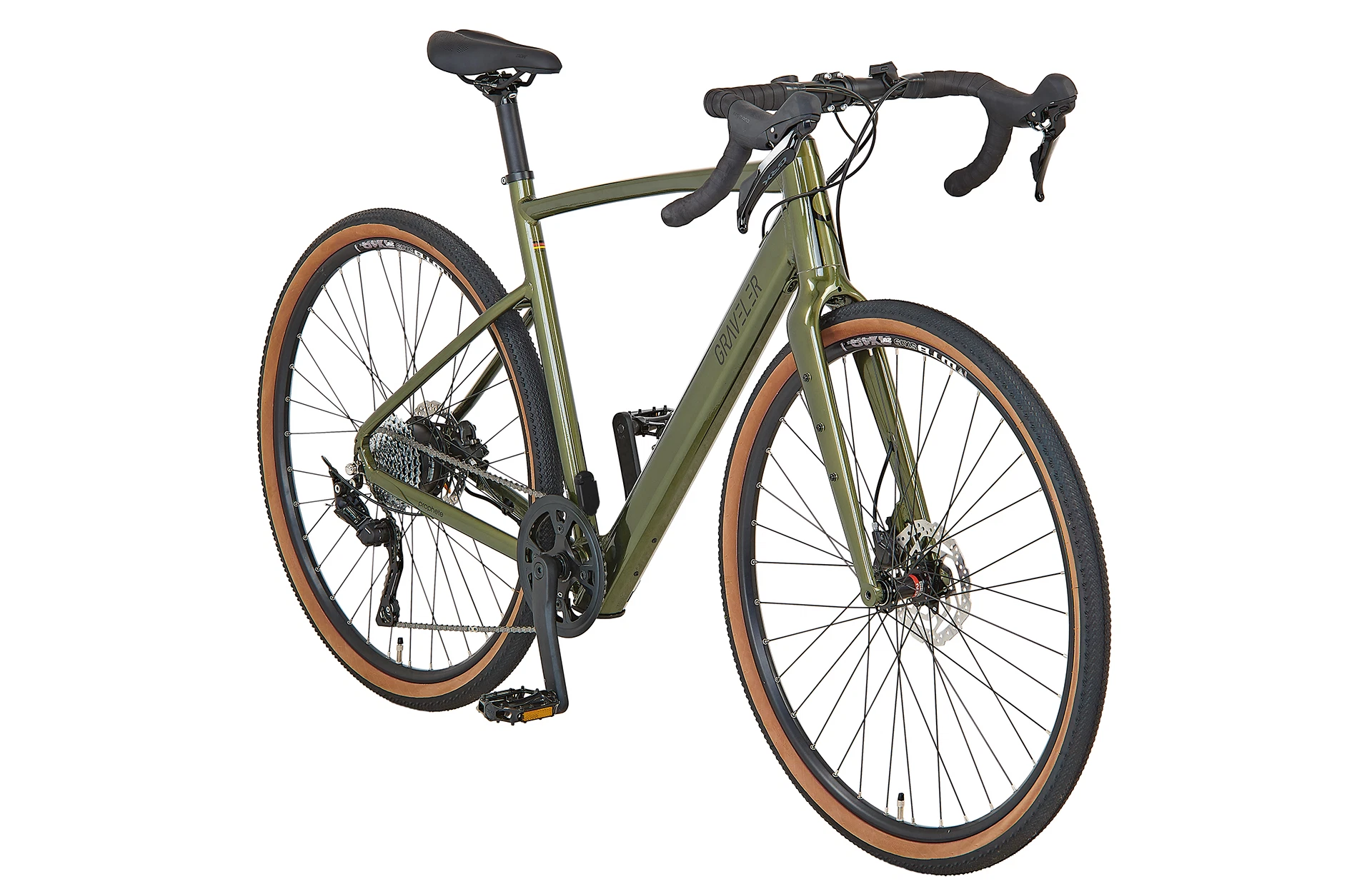 Vollansicht diagonal Prophete Graveler E-Gravelbike mit Diamantrahmen mit vollintegriertem Akku und Gravellenker vor weißem Hintergrund