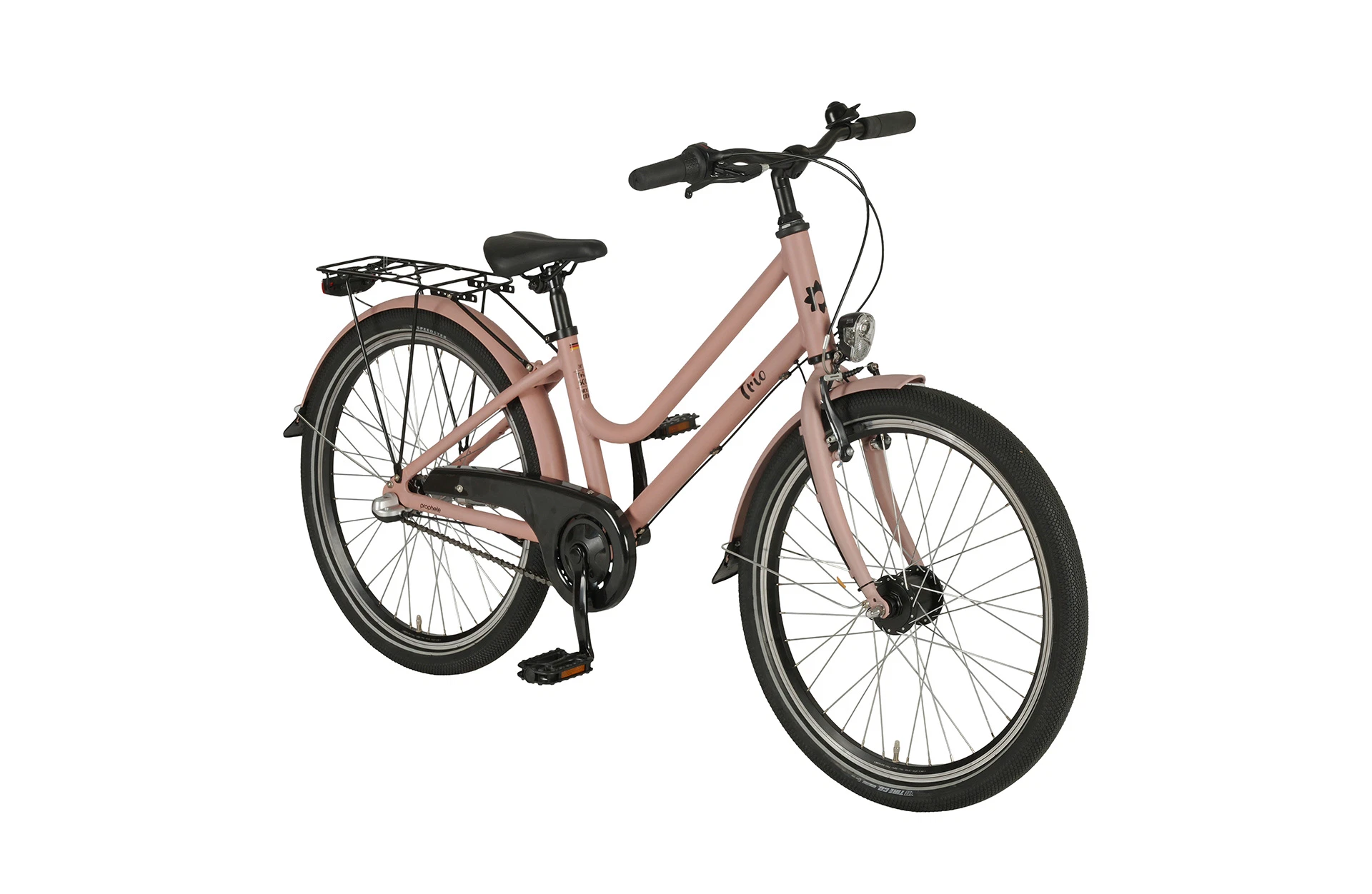 Trio Kinderfahrrad 500 altrosa - diagonale Ansicht auf weißem Grund