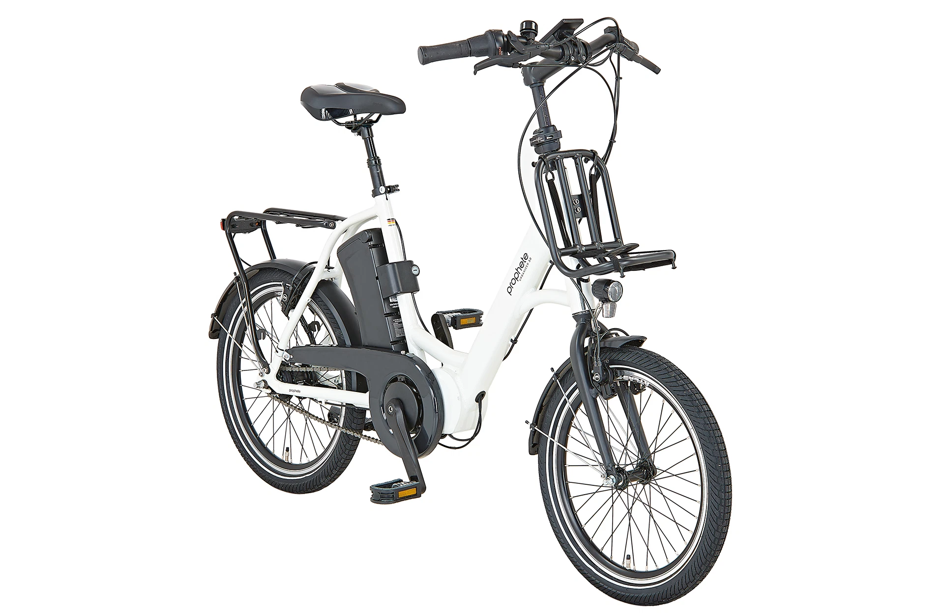 Vollansicht diagonal Prophete Urbanicer 3.0 kompaktes Urban E-Bike vor weißem Hintergrund