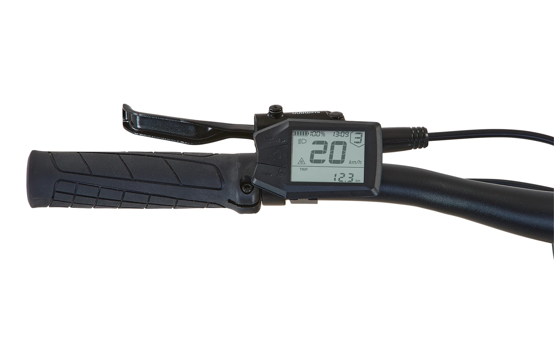 Linker Lenkergriff mit Bremshebel und LCD-Display mit Bedieneinheiten vor weißem Hintergrund