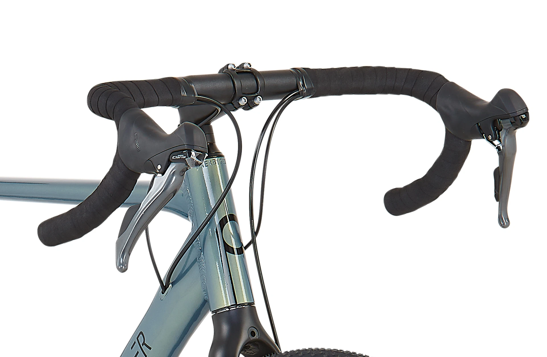 Bildausschnitt Detailansicht Dropbar Lenker mit Lenkerband und Bremshebeln schräg von vorne vor weißem Hintergrund