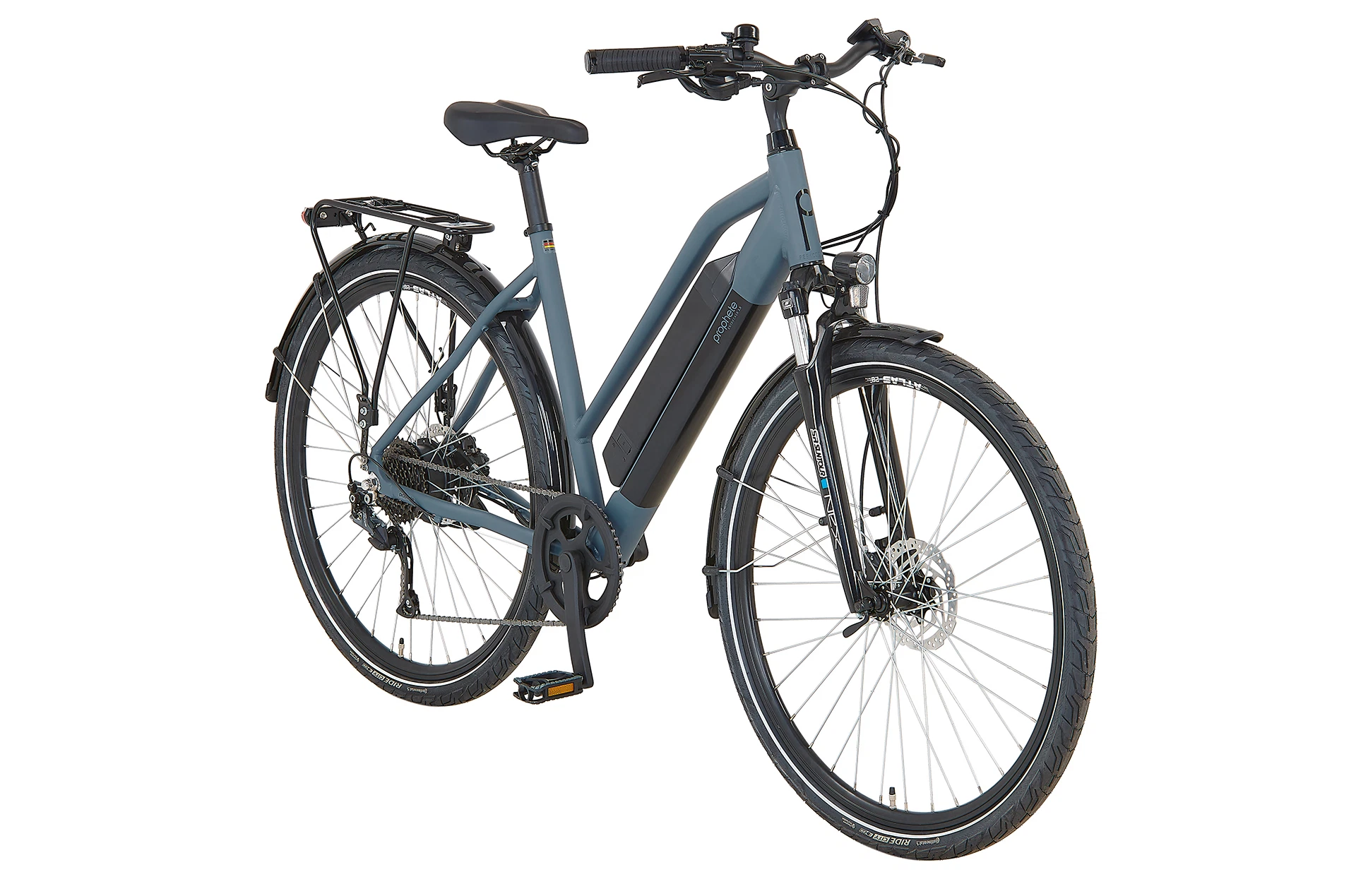 Vollansicht diagonal Prophete Entdecker Trekking E-Bike mit Trapezrahmen vor weißem Hintergrund